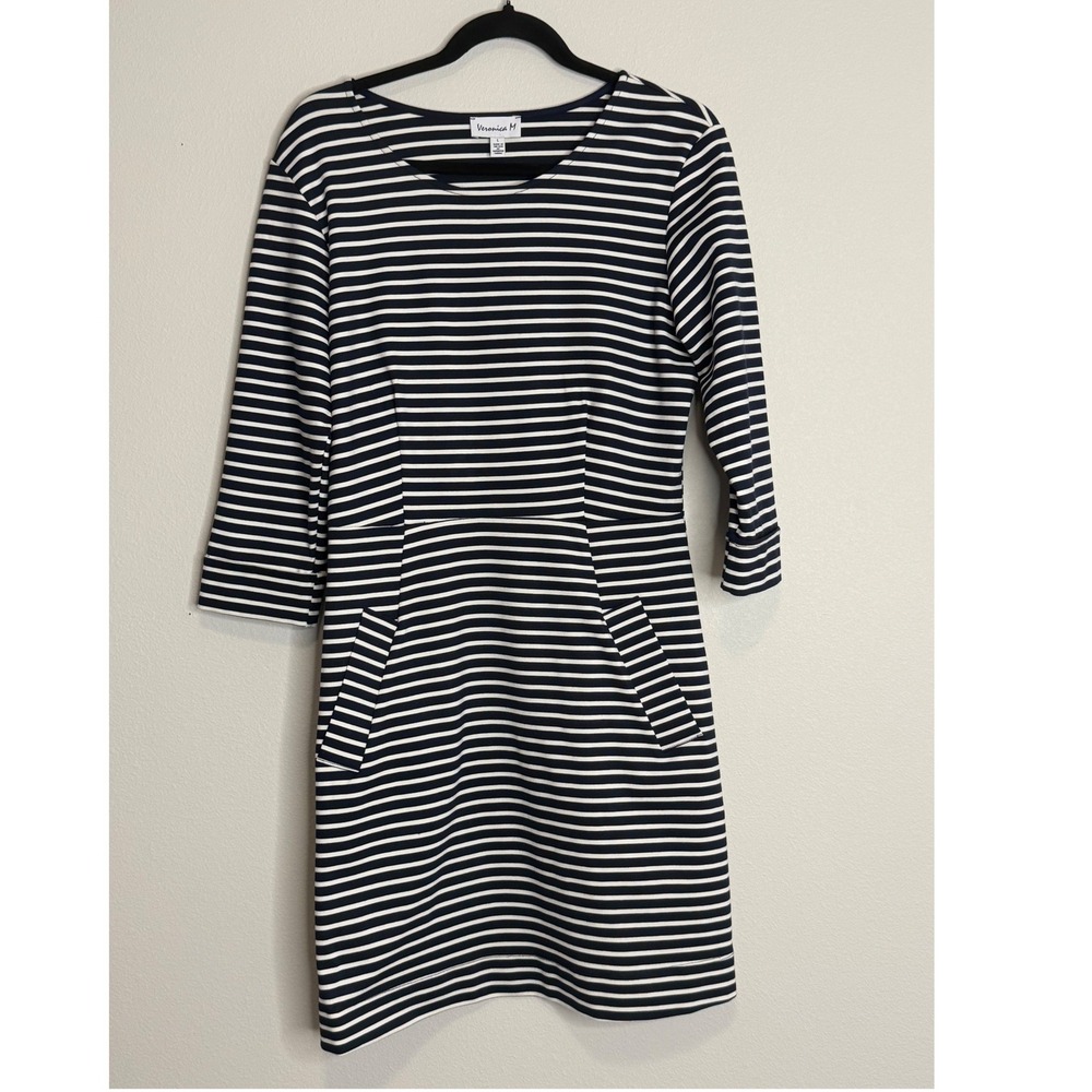 Veronica M Navy Blue White Striped 3/4 Sleeve Pocket Knit Dress Large